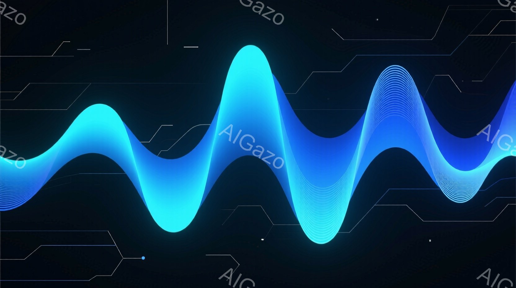 この画像は、暗い背景に、青色の波状の光のラインが描かれています。線は左右にうねり、あたかも音波やエネルギーの流れを視覚化したかのようです。背景には、白く細い線が回路図のように配置され、未来的な雰囲気を - AI生成フリー素材