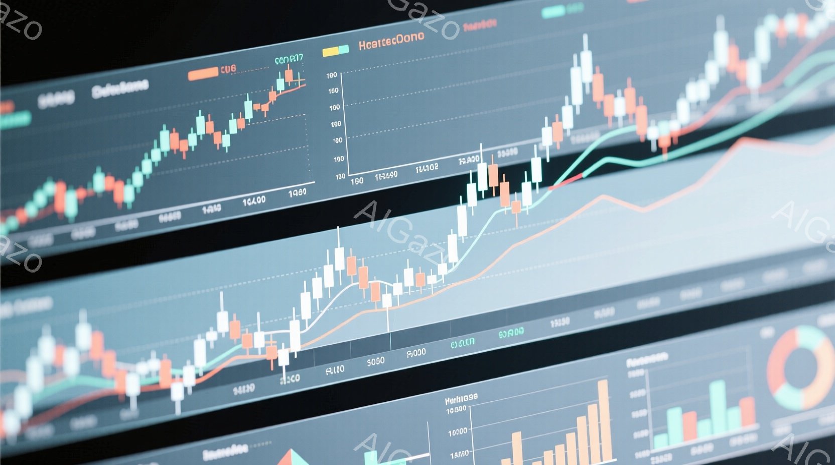 複数の金融チャートが画面上に表示されており、白、緑、赤の棒グラフと折れ線グラフが複雑に絡み合っています。チャートには数字やラベルが並び、金融市場の変動やトレンドを示唆しています。全体的に青みがかった光沢のある背景が、チャートの情報を際立たせています。