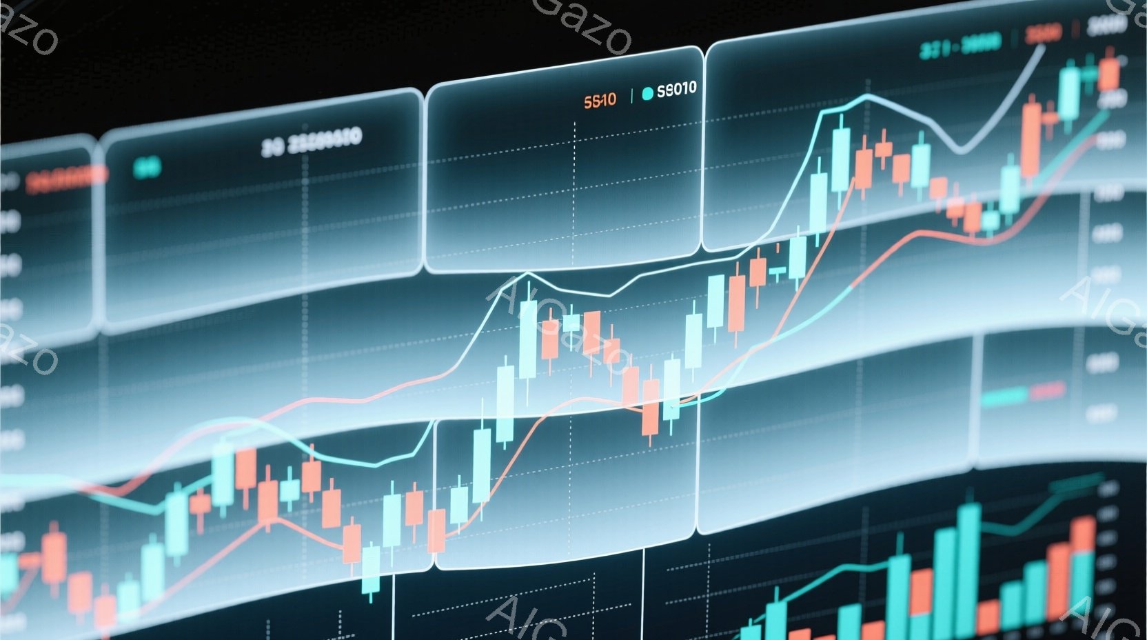 この画像は、金融市場のチャートを抽象的に表現したものです。赤と緑のろうそく足が複雑なパターンで並び、価格変動を示唆しています。背景は暗く、青い光が流れ、未来的な雰囲気を醸し出しています。