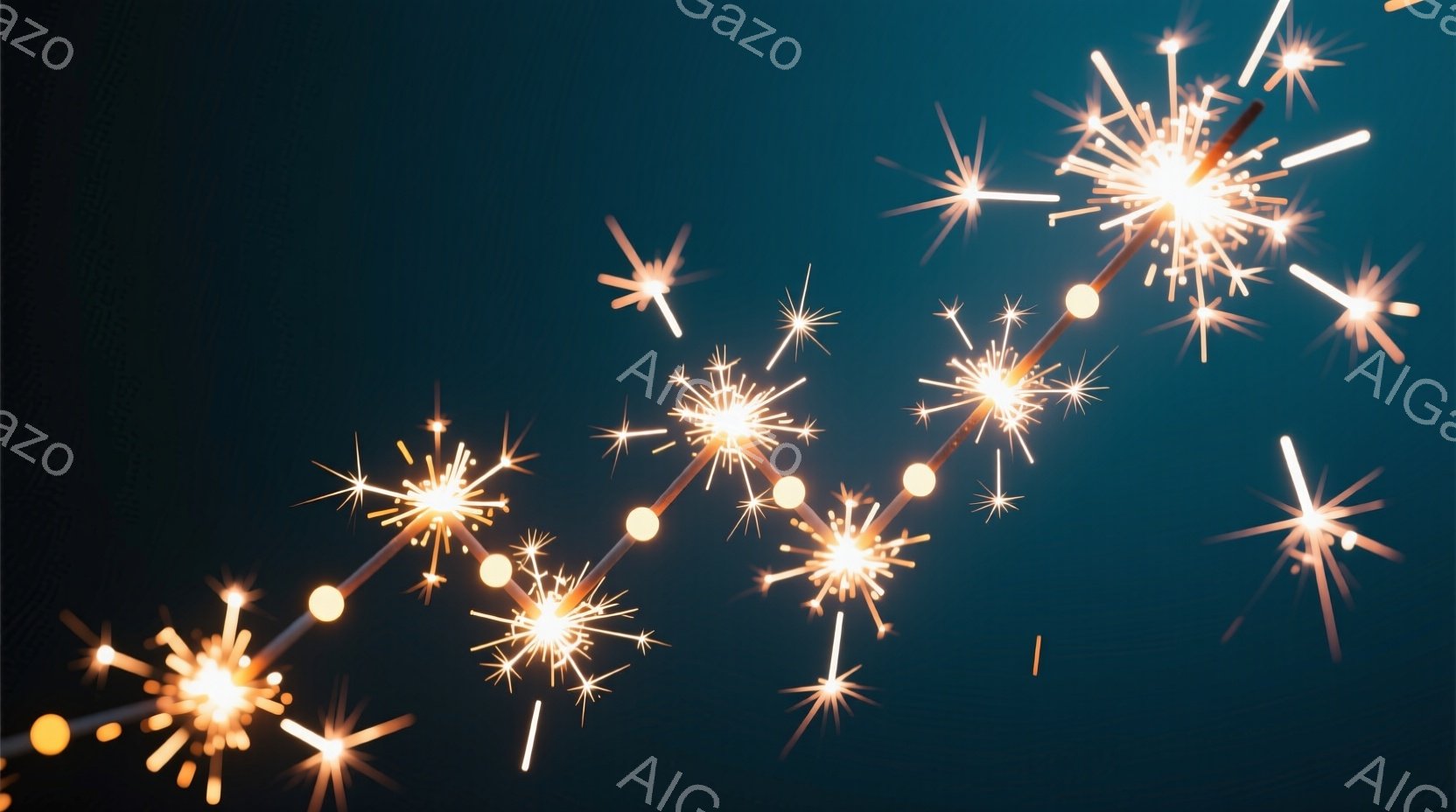 深い青色の背景に、多数の花火が散りばめられています。花火は、鮮やかな黄色やオレンジ色の光を放ち、星のように輝いています。全体的に、幻想的で華やかな雰囲気が漂い、お祭りや祝祭の光景を連想させます。