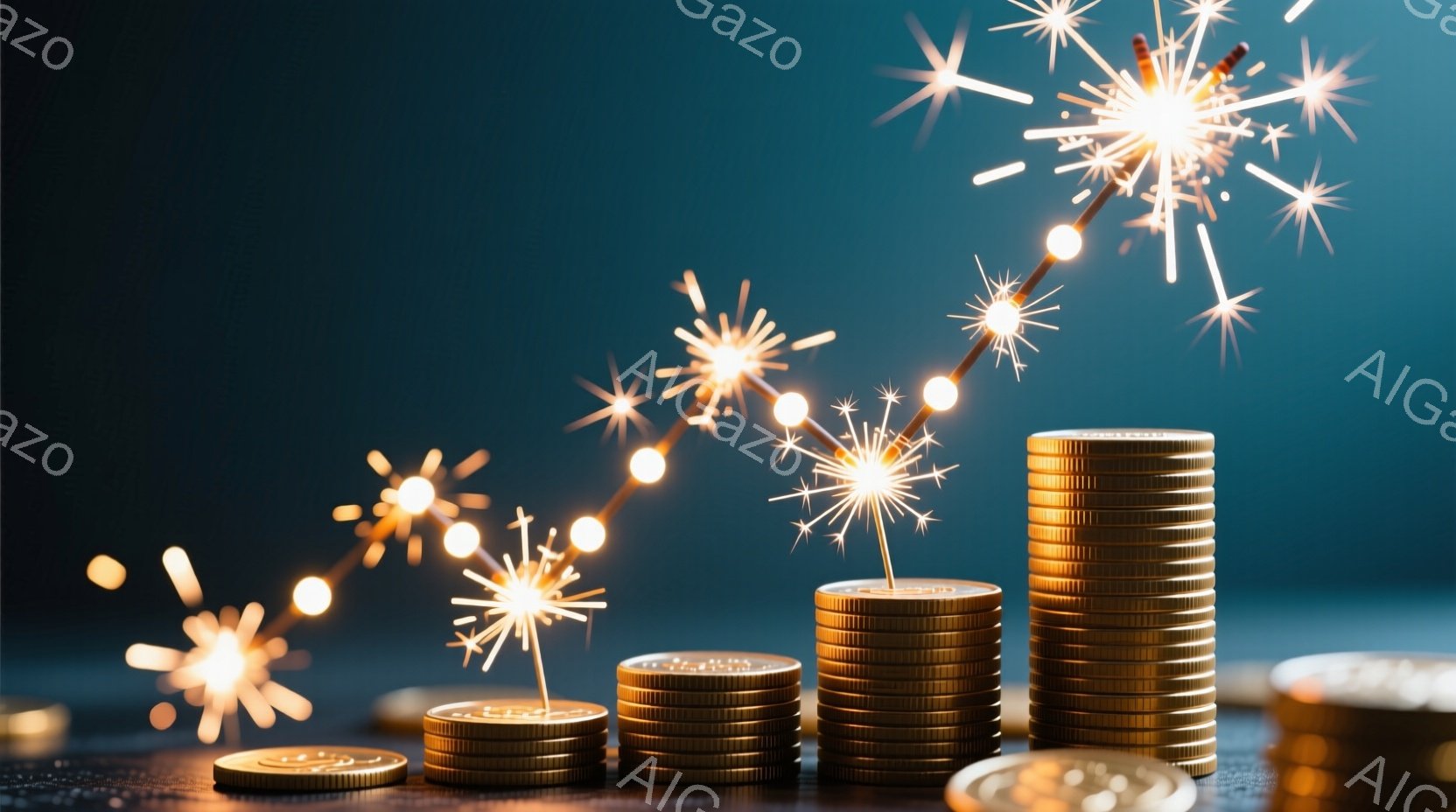 画像には、金色の硬貨の積み重ねがいくつかあり、それぞれが異なる高さを示しています。各硬貨の積み重ねの上には、光り輝く花火のようなものが立っており、まるで成功や祝賀を象徴しているかのようです。背景は濃い青色で、硬貨と花火が際立っており、全体的に華やかで希望に満ちた雰囲気です。
