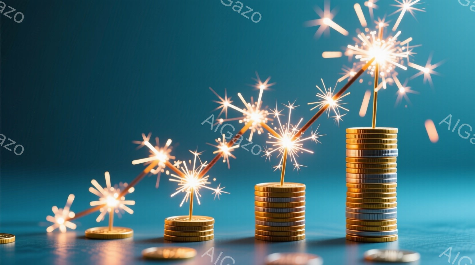 鮮やかな青色の背景の上に、金色のコインの積み重ねが並んでおり、左から右へ高さが増していくグラデーションを作している。各コインの積み重ねには、花火のような光の棒が取り付けられており、コインの高さに合わせ - AI生成フリー素材