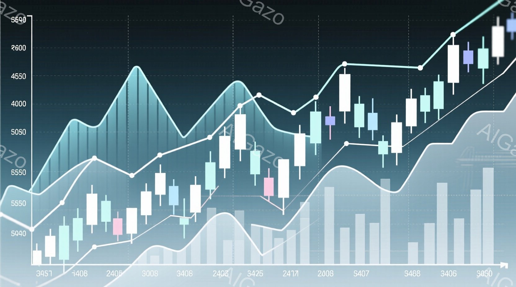 この画像は、金融市場のチャートを表しています。棒グラフのような形状が縦に並び、価格変動を示しており、その上に2本の線が重ねられています。全体的に青と灰色の色調で、上昇傾向と下降傾向が混在し、市場の不安定さを暗示しています。