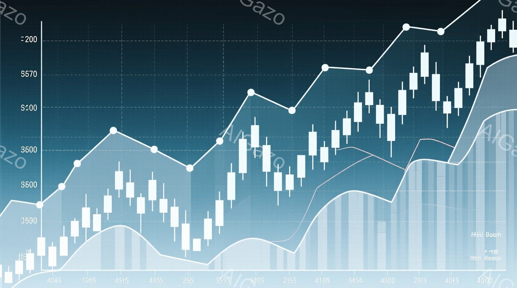 この画像は、金融市場のチャートを示しており、多くの白い長方形と黒い長方形が並んでいます。それらは、市場の価格変動を表しており、下部には青い色の帯状のグラフが見られます。全体的に、市場のトレンドを視覚的 - AI生成フリー素材