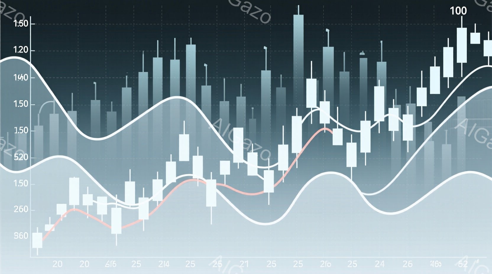 この画像は、灰色の背景に、複数の白い長方形と赤い長方形が並んだグラフのような図形が描かれています。それらの図形は縦に並んでおり、それぞれの高さが異なり、まるで棒グラフのように見えます。さらに、滑らかな曲線がグラフの上と下に重なっており、全体的に金融市場のチャートのような印象を与えます。
