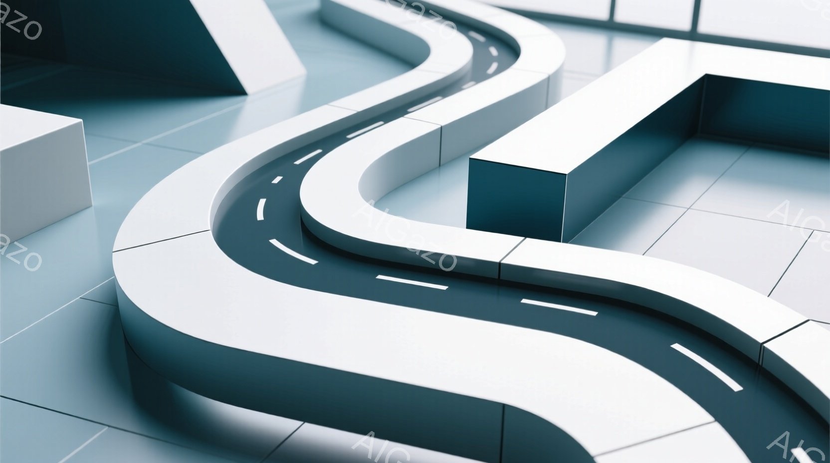 白とグレーの幾何学的な構造物が並ぶミニマルな風景です。曲がりくねった白い道が構造物を縫うように走り、未来的な雰囲気を醸し出しています。全体的に冷たい色調で、静かで抽象的な空間が表現されています。