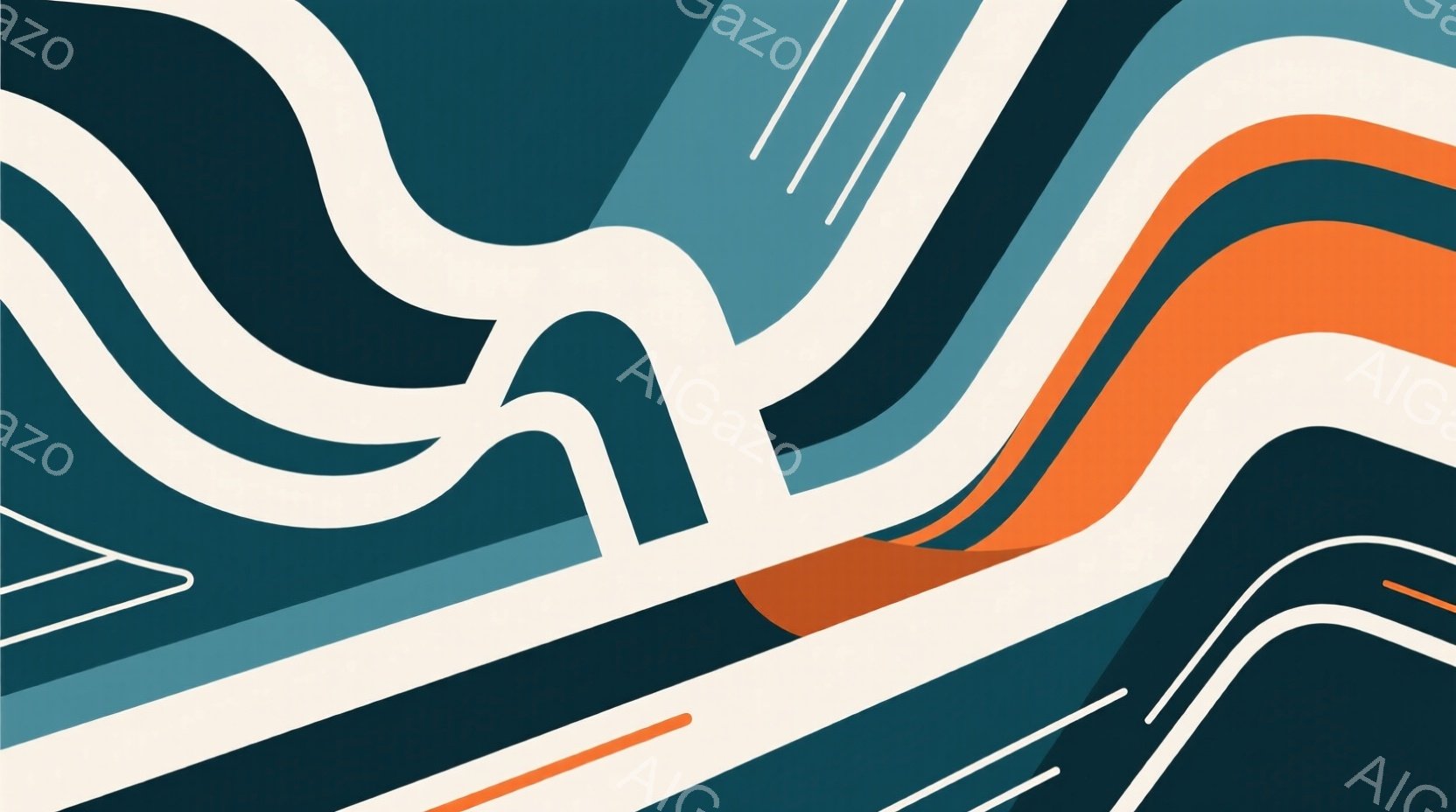 鮮やかな色彩の曲線が交差する抽象的なデザインです。ターコイズブルー、深い青、オレンジ、白が大胆なストライプ状に配置され、躍動感とモダンな印象を与えます。背景は単色で、これらの曲線が際立ち、視覚的なリズムを生み出しています。