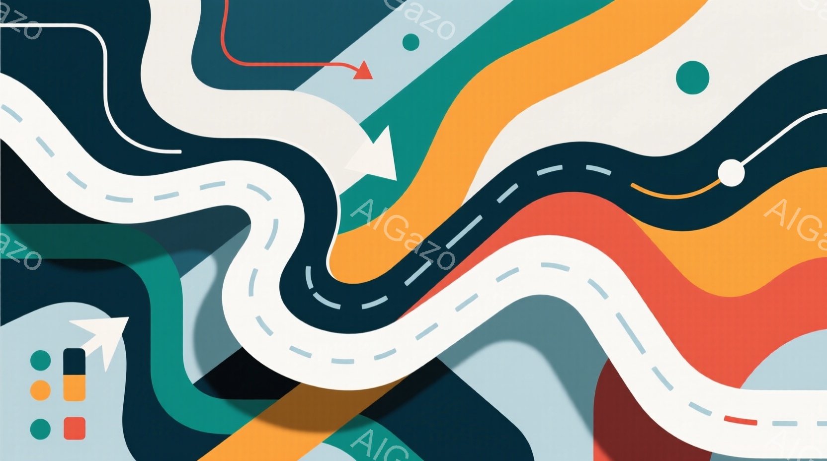 鮮やかな色彩が渦巻く抽象的な背景に、白く線が引かれた曲がりくねった道路が描かれています。道路は、緑、オレンジ、水色の帯状の背景を縫うように進み、道沿いには小さな円形のマーカーが点在しています。全体的に - AI生成フリー素材