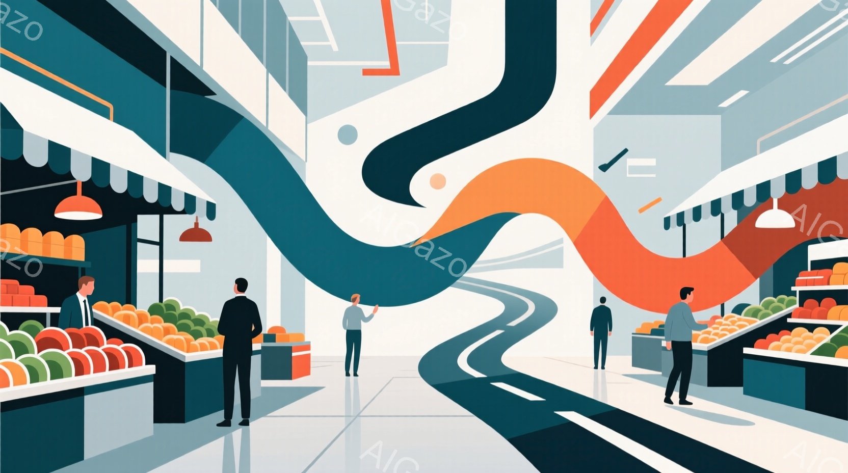 屋内市場のような場所で、ねじれた道路が中央を走り、両側に果物や野菜が並んだ店が並んでいる。人々はそれぞれ異なる服装で、黒いスーツを着た男性、ベージュのジャケットを着た男性、そして白いシャツを着た女性がいるが、表情ははっきりとは分からない。 全体的に、鮮やかな色彩と幾何学的なデザインが特徴的で、どこか幻想的な雰囲気を醸し出している。