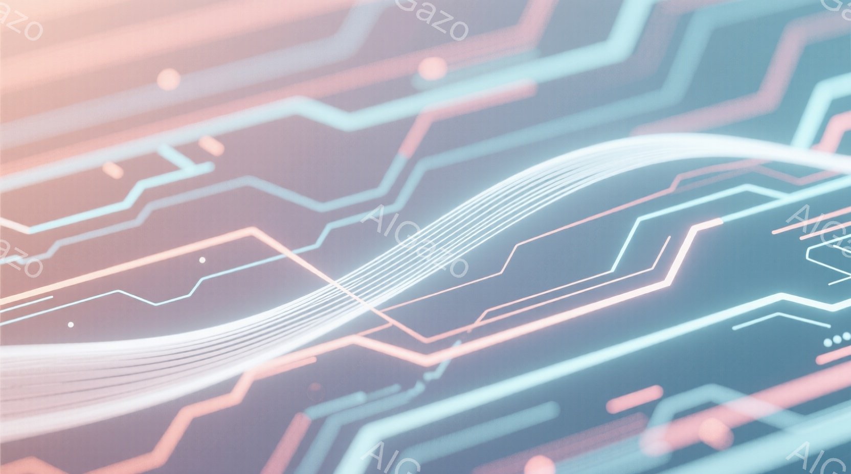この画像は、複雑な回路図のような光のパターンが描かれた抽象的な表現です。淡い水色とピンク色のラインが交差し、未来的なデジタル空間を想起させます。全体的に、滑らかで流動的な光の軌跡が、革新性と技術的な洗練さを感じさせる雰囲気を作り出しています。