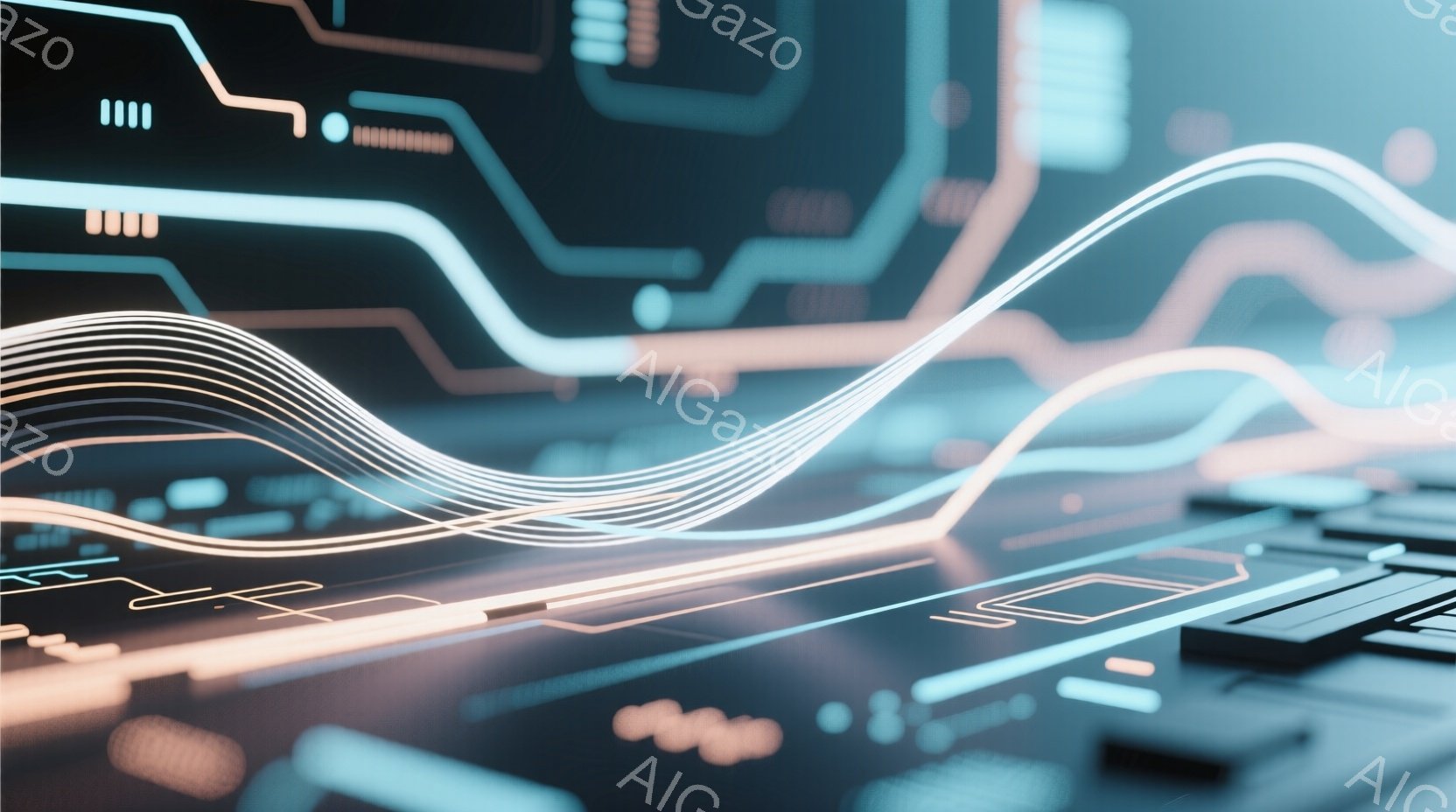 この画像は、未来的な回路基板をクローズアップしたものです。青とオレンジの光が流れる線が、回路に沿って複雑に絡み合い、鮮やかなコントラストを生み出しています。基板のディテールは非常に精密で、高度な技術を - AI生成フリー素材