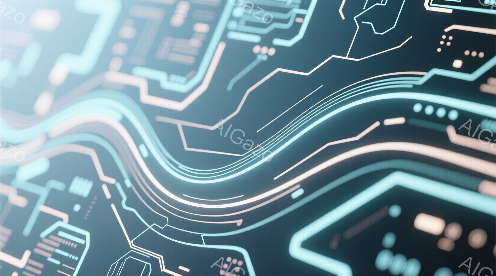鮮やかな青色の背景に、発光する回路図のような線が複雑に絡み合っている。線は白と薄いオレンジ色で描かれ、未来的なテクノロジーや電子機器を連想させるデザインだ。全体的に、クールで洗練された、サイバーパンク - AI生成フリー素材