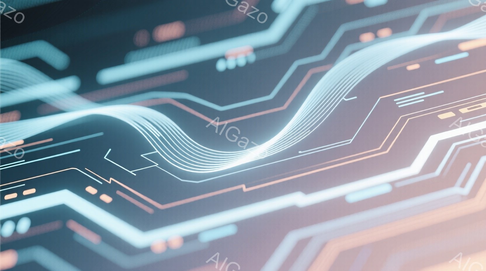 鮮やかな光のラインが、黒い基盤の上に複雑に配置された電子回路のようなパターンを描き出している。光は青とオレンジの色合いを持ち、未来的なテクノロジーやデータストリームを連想させる幾何学的な形状を形成して - AI生成フリー素材