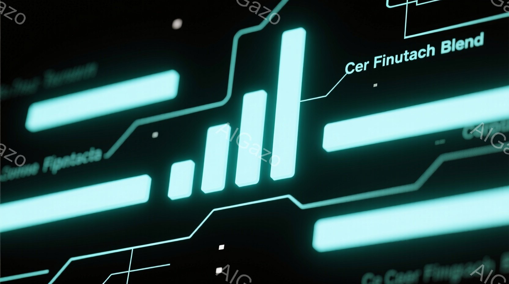 この画像は、暗い背景に青緑色の光る線と長方形が幾何学的に配置された抽象的な表現です。線は未来的なインターフェースや回路基板を想起させ、全体としてサイバーパンクまたはテクノロジーをテーマにした雰囲気を醸し出しています。明るい光のコントラストが強調され、奥行きと視覚的な複雑さを生み出しています。