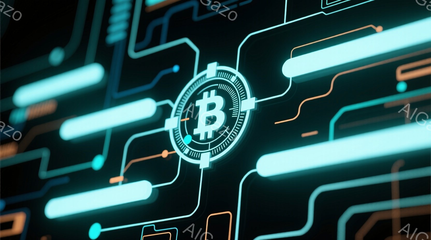 この画像は、暗い背景に浮かび上がるビットコインのアイコンと、その周囲に広がるネオンライトのような回路図を描写しています。回路は鮮やかなターコイズブルーとオレンジ色で輝き、未来的な印象を与えます。全体的 - AI生成フリー素材