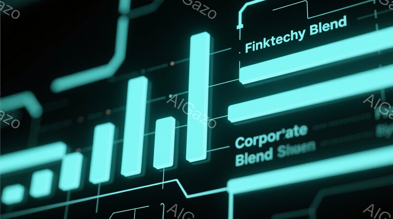 この画像は、青緑色の発光する棒グラフが並んだ抽象的な背景です。グラフは様々な高さで、未来的な回路のような線で接続されています。全体的に、テクノロジー、金融、またはデータ分析のコンセプトを表現する、クールでモダンな雰囲気です。