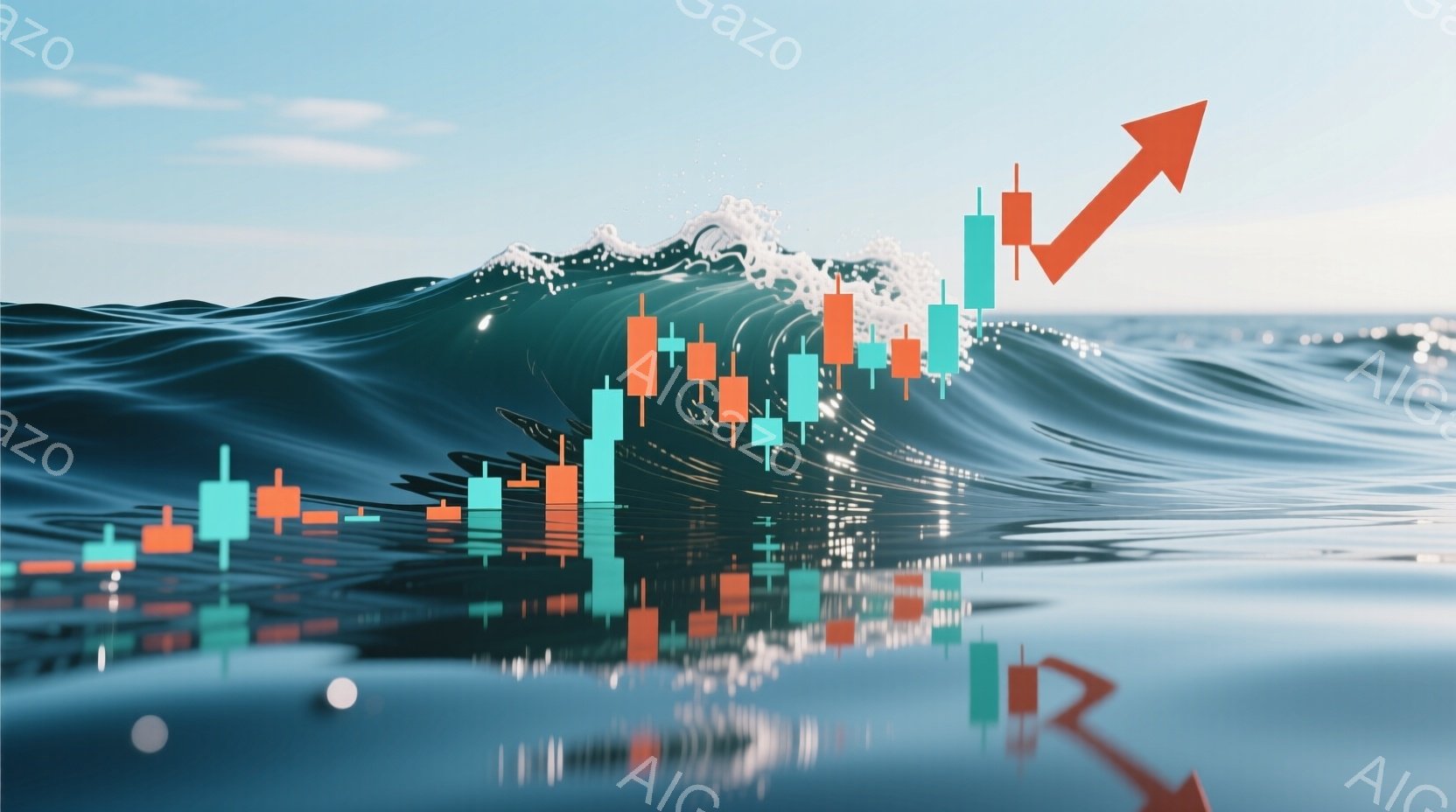 鮮やかなターコイズブルーの波が、金融市場のチャート（緑と赤のローソク足）を内包するように描かれています。波の頂上には上昇トレンドを示す赤い矢印が配置され、波の表面は光の反射によってキラキラと輝いています。全体として、市場の変動と自然の力強さ、そして潜在的な成長を表す、ダイナミックで象徴的なイメージです。