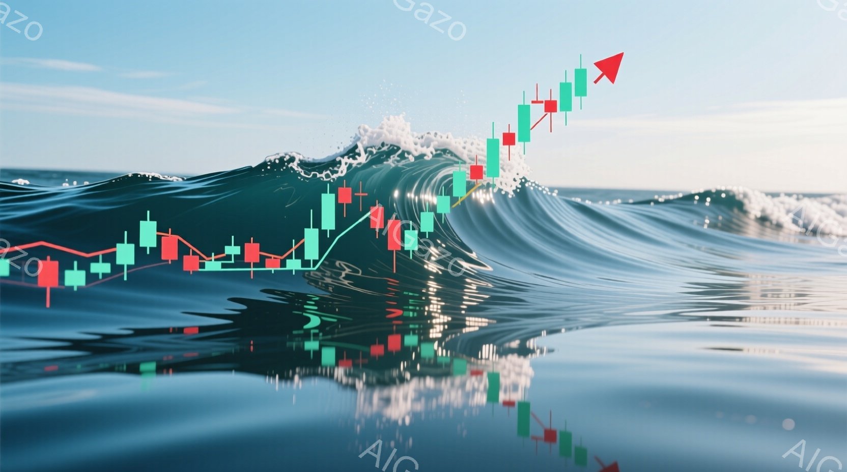 鮮やかな青色の波が大きくうねっており、その上に金融チャートのキャンドルスティックが重なっています。キャンドルは、緑と赤の色で示され、波の形に沿って上昇傾向を示しています。背景は穏やかな青空と海で、全体的にダイナミックかつ力強い印象を与えます。