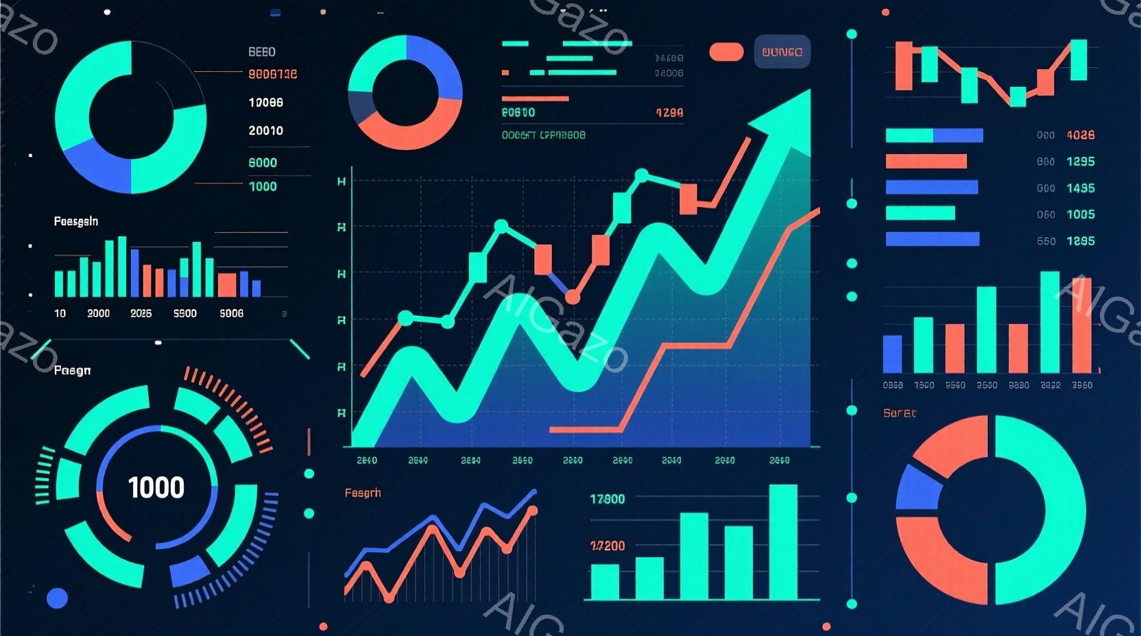 この画像は、様々なチャートと数値データが配置された抽象的な背景です。円グラフ、棒グラフ、折れ線グラフが組み合わさり、明るい青、緑、灰色を基調とした近代的な印象を与えます。全体的に、データ分析やビジネス - AI生成フリー素材