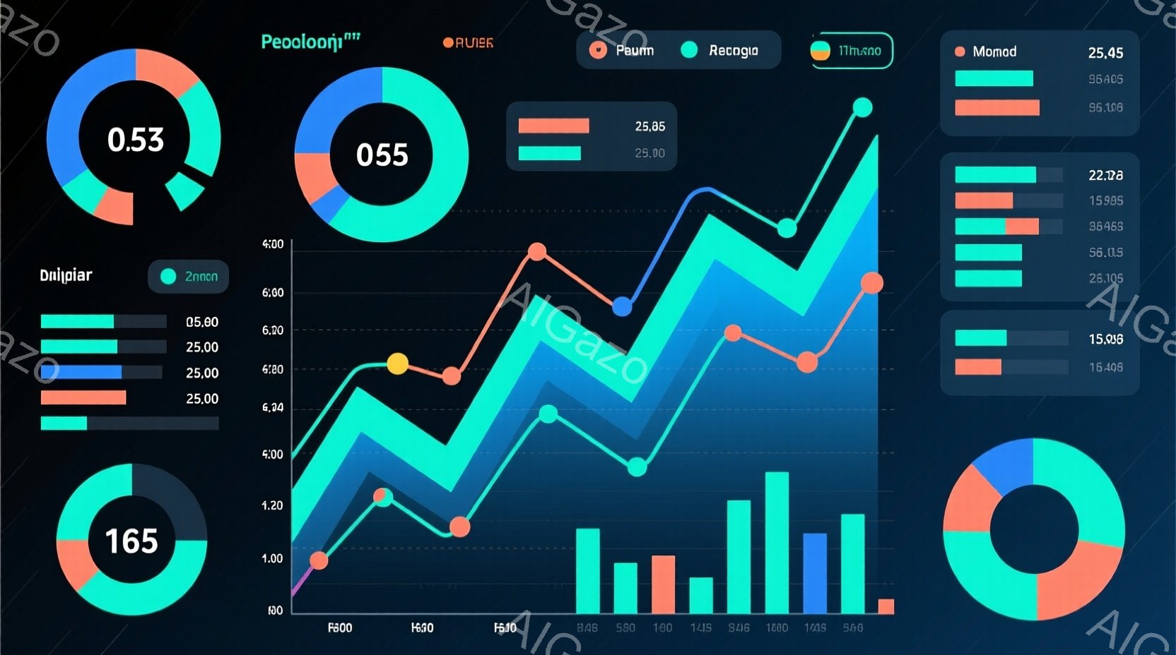 この画像は、複数の円形のゲージと折れ線グラフ、棒グラフが配置されたデータ視覚化の画像です。ゲージはそれぞれ異なる数値（0.53、0.55、1.65、2.60）を表示し、グラフは時間の経過に伴うデータの - AI生成フリー素材