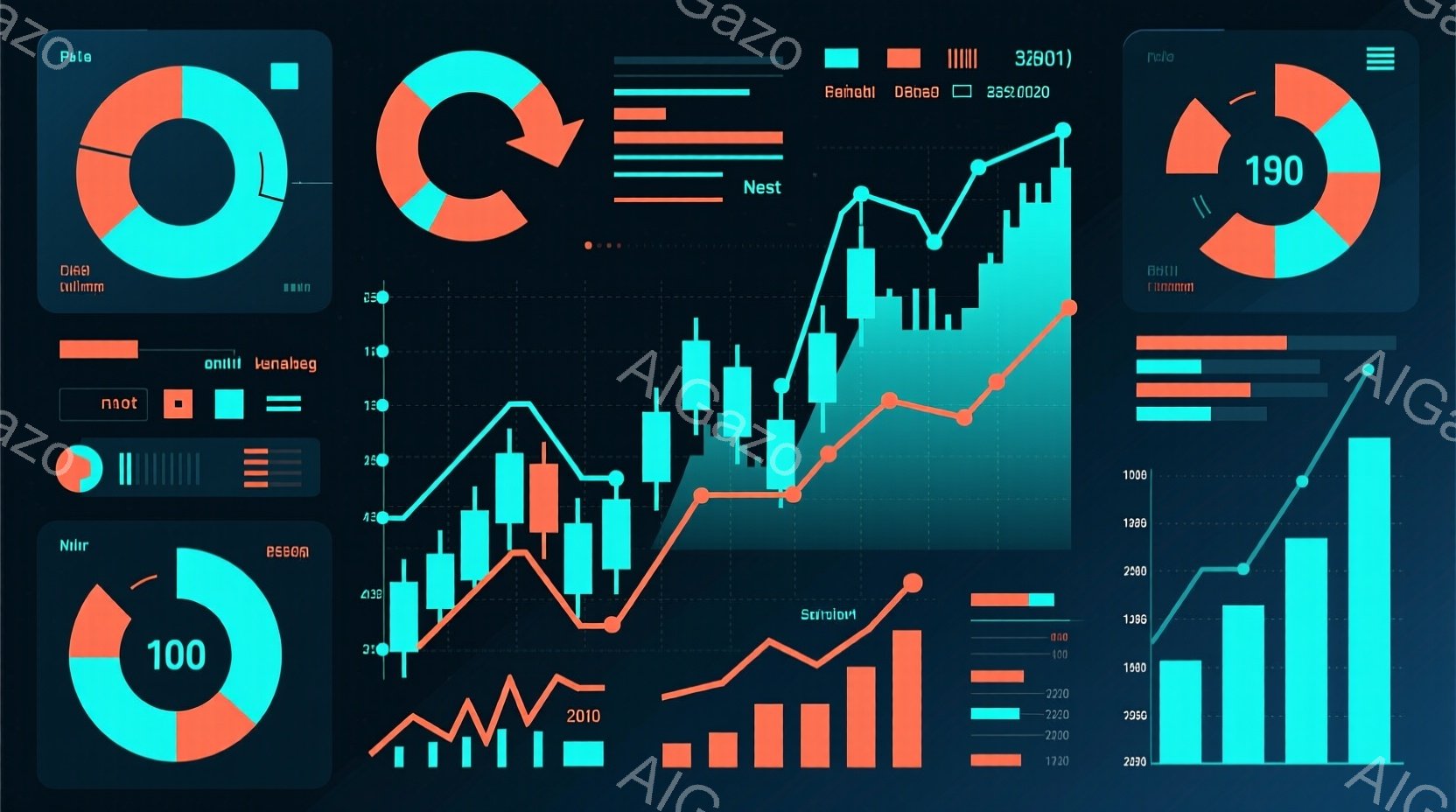 この画像は、金融市場のチャートと統計データが密集して表示されたデジタルインターフェースのスクリーンショットです。緑と赤の線グラフが複雑に絡み合い、その背景には円形のゲージや数値データが表示されています。全体として、専門的な金融分析やデータ可視化のためのインターフェースであることを示唆しています。
