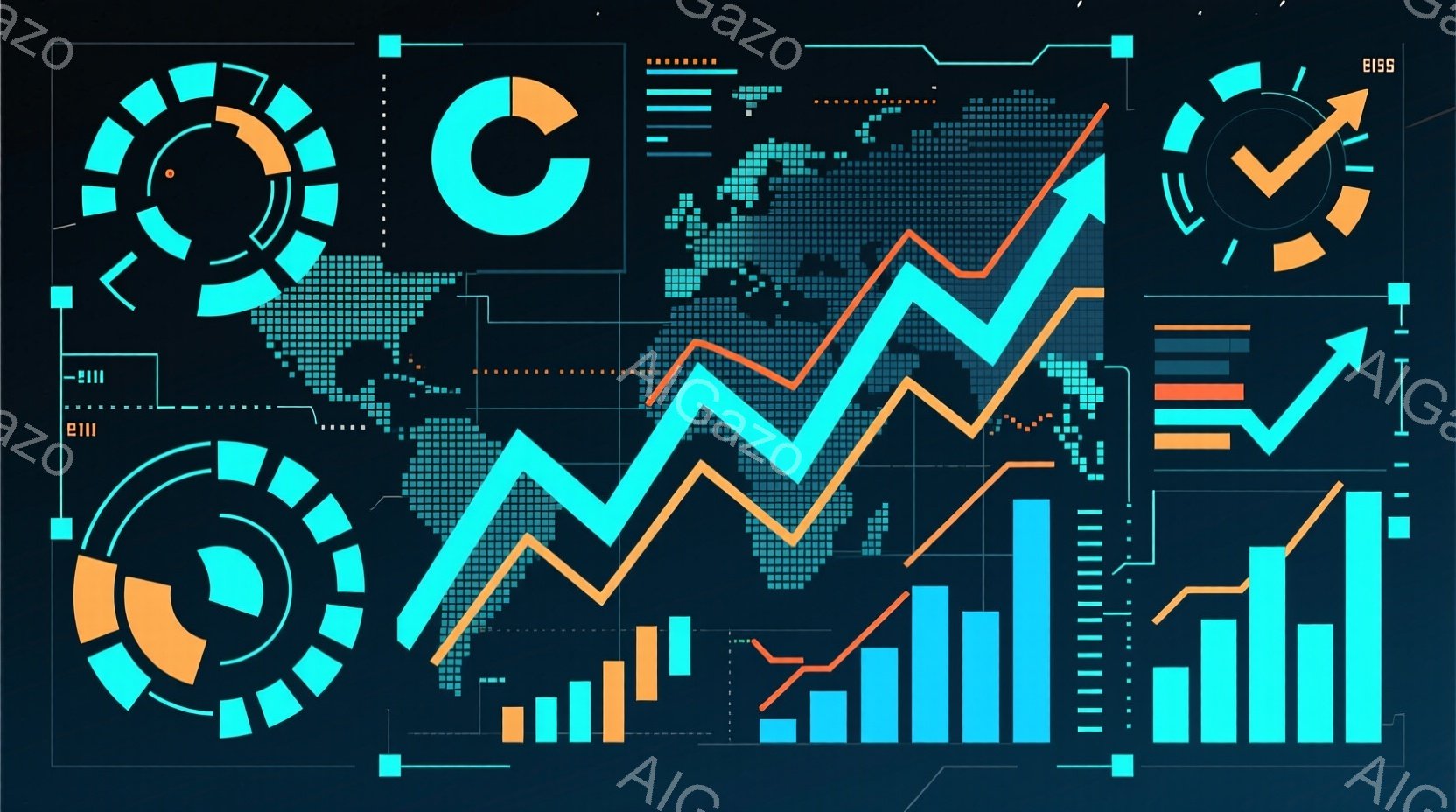 この画像は、青を基調とした世界地図の上に、上昇と下降を示すグラフが重ねられたものです。左上と右下には、円形のメーターのような装飾があり、未来的な技術や金融市場を連想させます。全体的に、グローバルな経済 - AI生成フリー素材