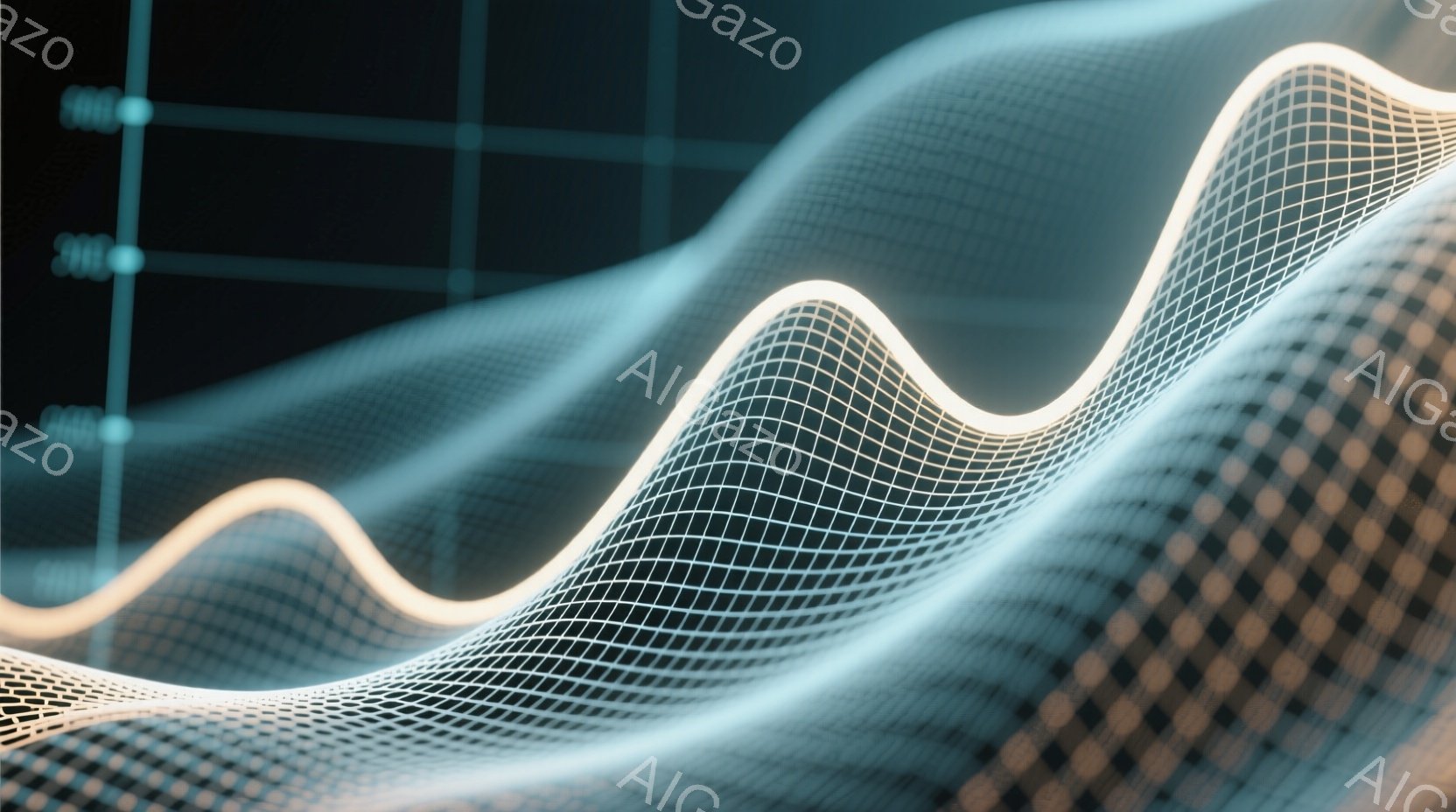 明るいネオンカラーの線が、暗い背景の中で波打つように流れています。線はグリッド状の質感を持っており、未来的なテクノロジーやデータ分析を連想させます。背景には、ぼやけたグラフや数値が見え、全体的にダイナ - AI生成フリー素材