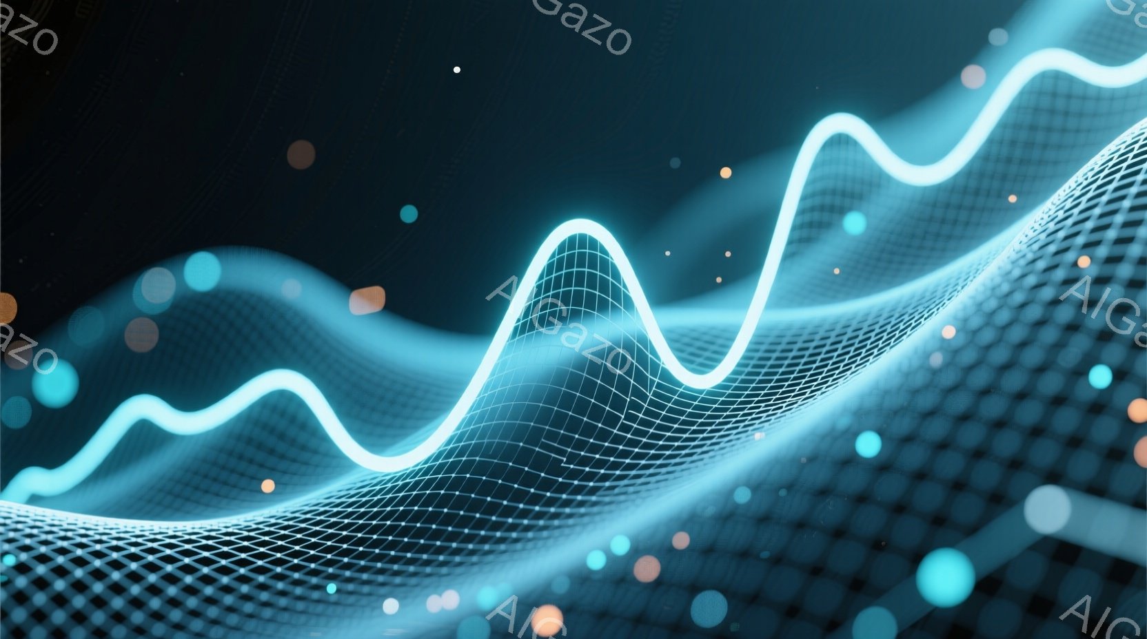 鮮やかな青色の光の線が、網目状の構造を伴いながら、空間を曲線的に流れている様子が描かれています。背景は暗く、ぼんやりとしたオレンジや青色の光の粒子が散りばめられており、未来的なデジタル空間を想起させま - AI生成フリー素材