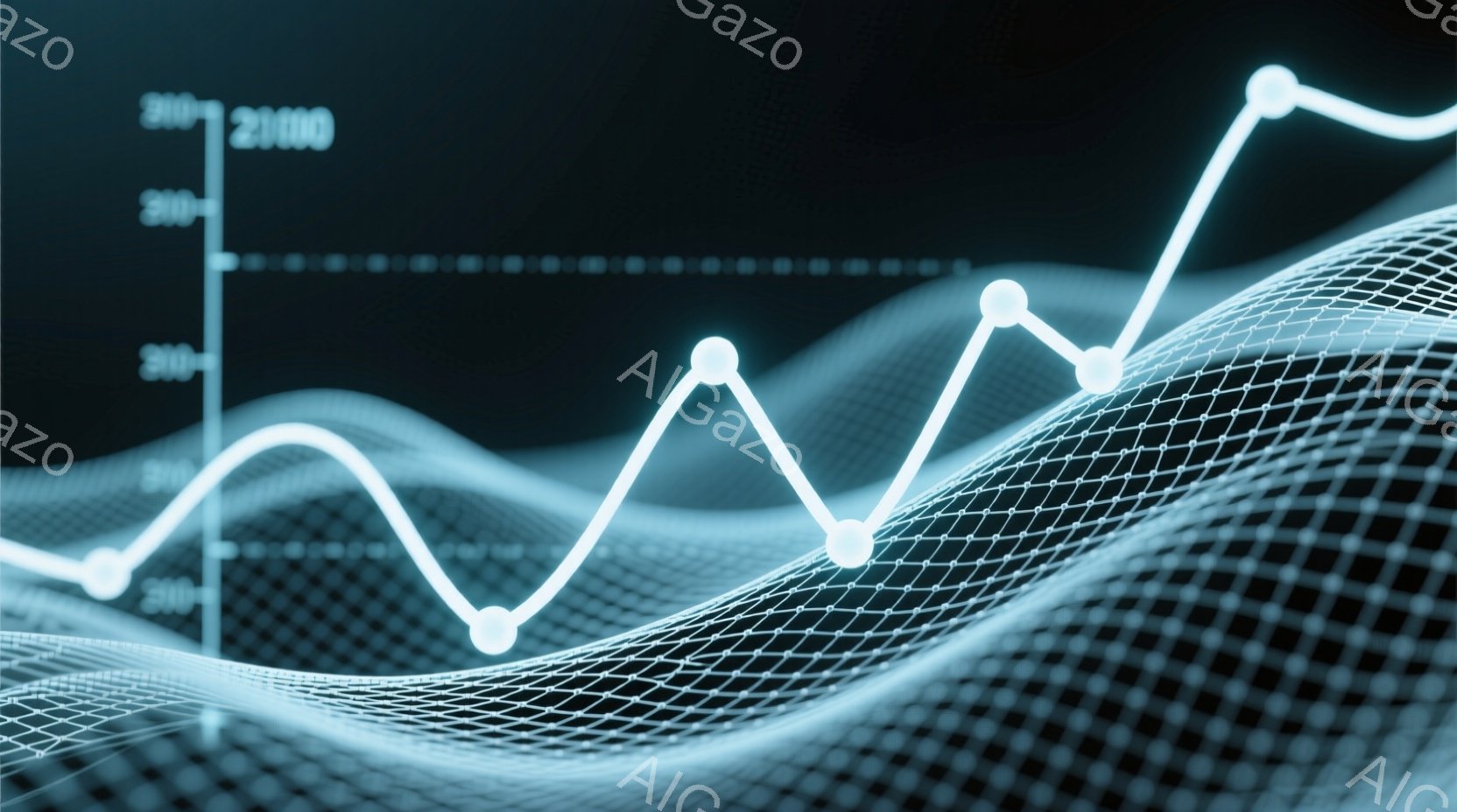 鮮やかな青色の線が、グリッド状の背景に浮かび上がった抽象的な画像です。線はまるで株価チャートのように起伏しており、明るい白色の点が線上に配置されています。全体的に未来的な雰囲気で、データやテクノロジーを視覚化したイメージを想起させます。