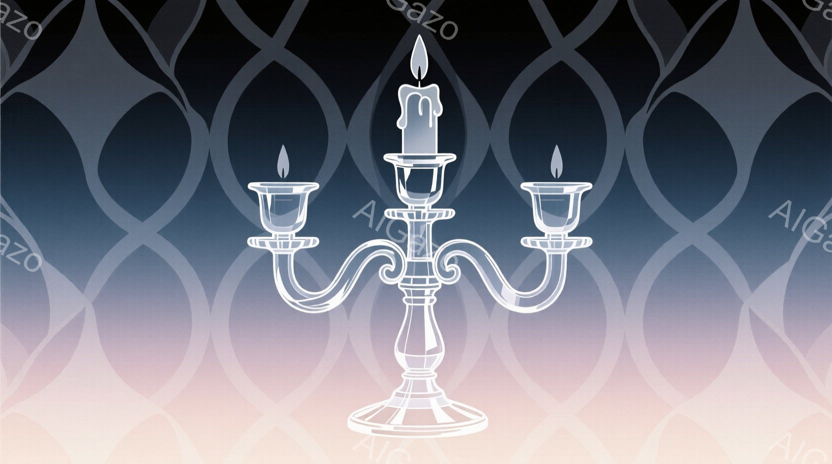 透明な燭台が画像の中央にあり、三つのろうそくが灯されています。背景は、グラデーションのかかったピンクとブルーで、幾何学的な模様が繰り返されています。全体的に、繊細で幻想的な雰囲気を醸し出しています。