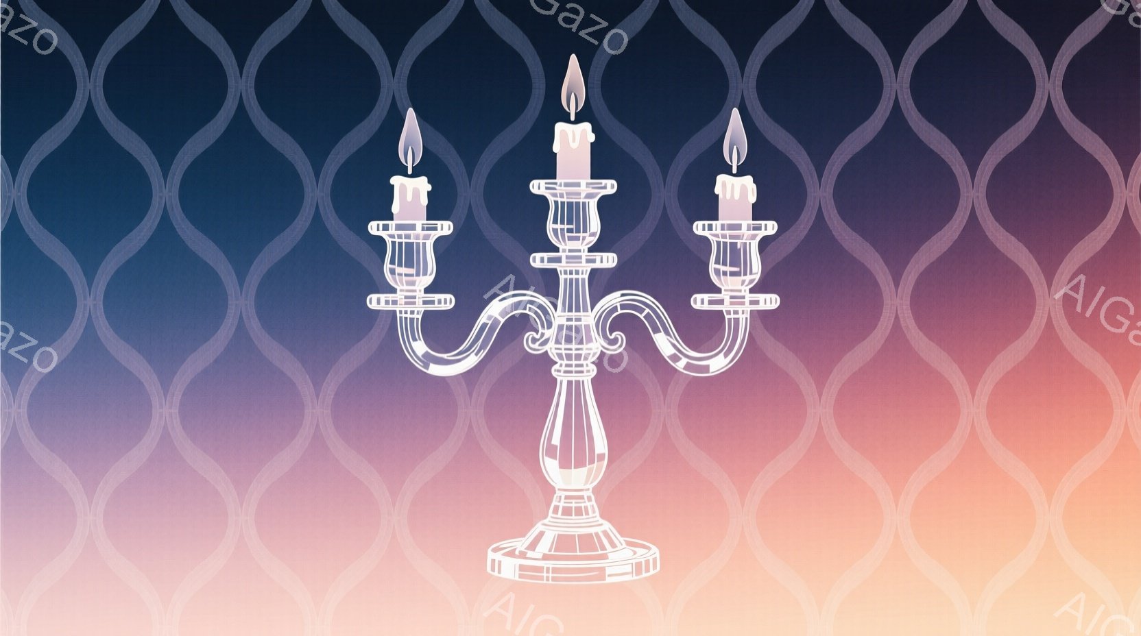 白い線画で描かれた燭台が、ピンクと紫のグラデーションがかった背景に浮かび上がっています。燭台には３本の蝋燭が灯っており、優雅で幻想的な雰囲気を醸し出しています。背景は複雑な模様で装飾されており、全体として洗練された印象を与えます。