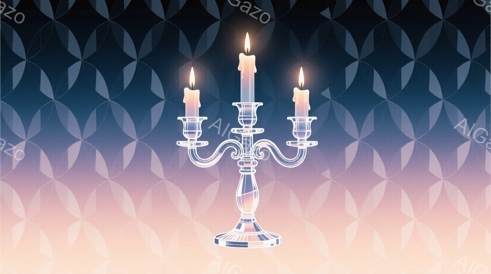 この画像には、光沢のある金属製の燭台が描かれており、それに3本の燃える蝋燭が立てられています。背景は、ピンクから青紫へとグラデーションがかかった抽象的なパターンで、幾何学的な形状が繰り返されています。全体として、優雅で幻想的な雰囲気を醸し出しており、暖かく穏やかな光が印象的です。