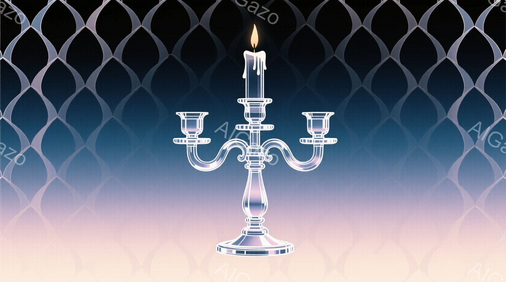 この画像は、白く輝く燭台が描かれており、その上に点灯した蝋燭が一つ置かれています。背景は、紫からピンクへとグラデーションがかかった、幾何学模様が繰り返される抽象的なデザインで、神秘的で幻想的な雰囲気を醸し出しています。燭台の繊細な曲線と光のコントラストが、上品で優雅な印象を与えます。