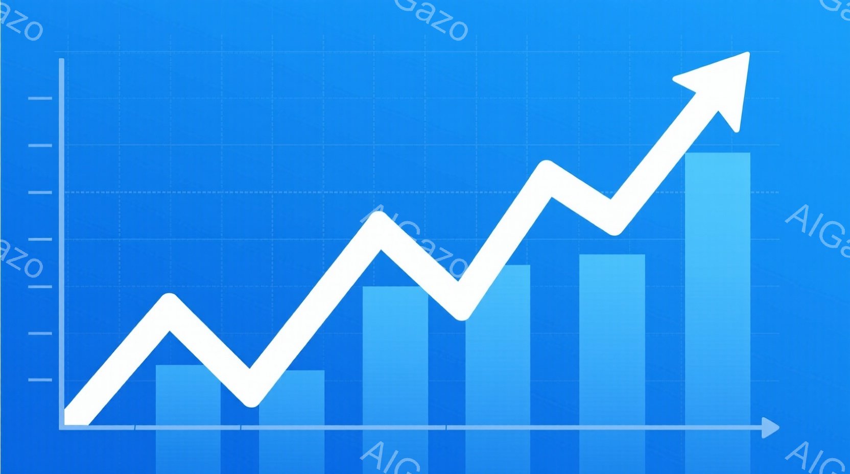 この画像は、青い背景に白い線グラフが描かれています。グラフは左から右へ上昇し、いくつかのピークと谷を示し、全体的に右肩上がりの傾向を示しています。これは、成長や進歩、または変動するデータを示す視覚的な - AI生成フリー素材