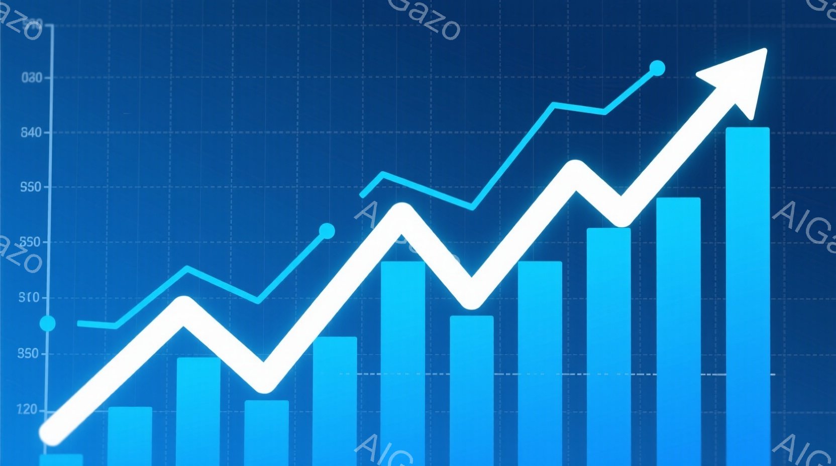 この画像は、青い棒グラフと二本の折れ線グラフが示されており、全体的に上昇傾向を示しています。青色の棒グラフは様々な高さで並び、折れ線グラフは棒グラフの上を駆け巡るように描かれています。背景はグリッド状になっており、明るく希望に満ちた雰囲気です。