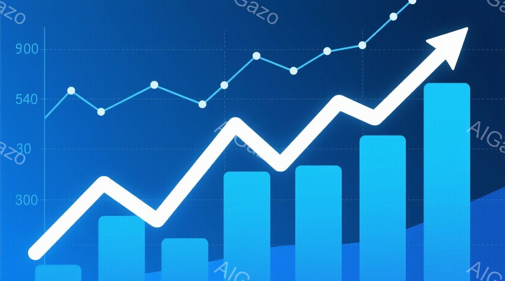 この画像は、青色の背景に、白と青の棒グラフと折れ線グラフが描かれたものです。棒グラフは段階的に高くなっており、折れ線グラフは上下に変動しながら全体的に上昇傾向にあります。全体として、成長や進歩を象徴するような、ポジティブでダイナミックな雰囲気です。