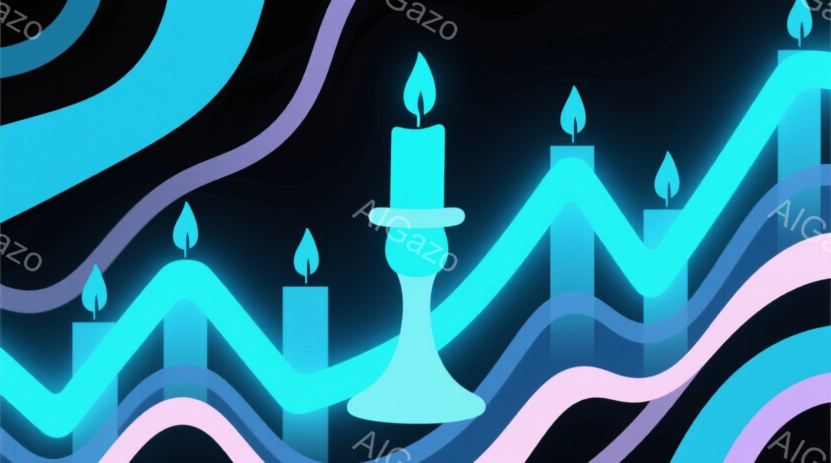 この画像は、さまざまな太さの青と紫の曲線を背景に、明るい青色のロウソクがいくつか描かれています。ロウソクはそれぞれ異なる高さで、炎はすべて上向きに光を放っています。全体的に、波のような曲線と光る炎が幻 - AI生成フリー素材