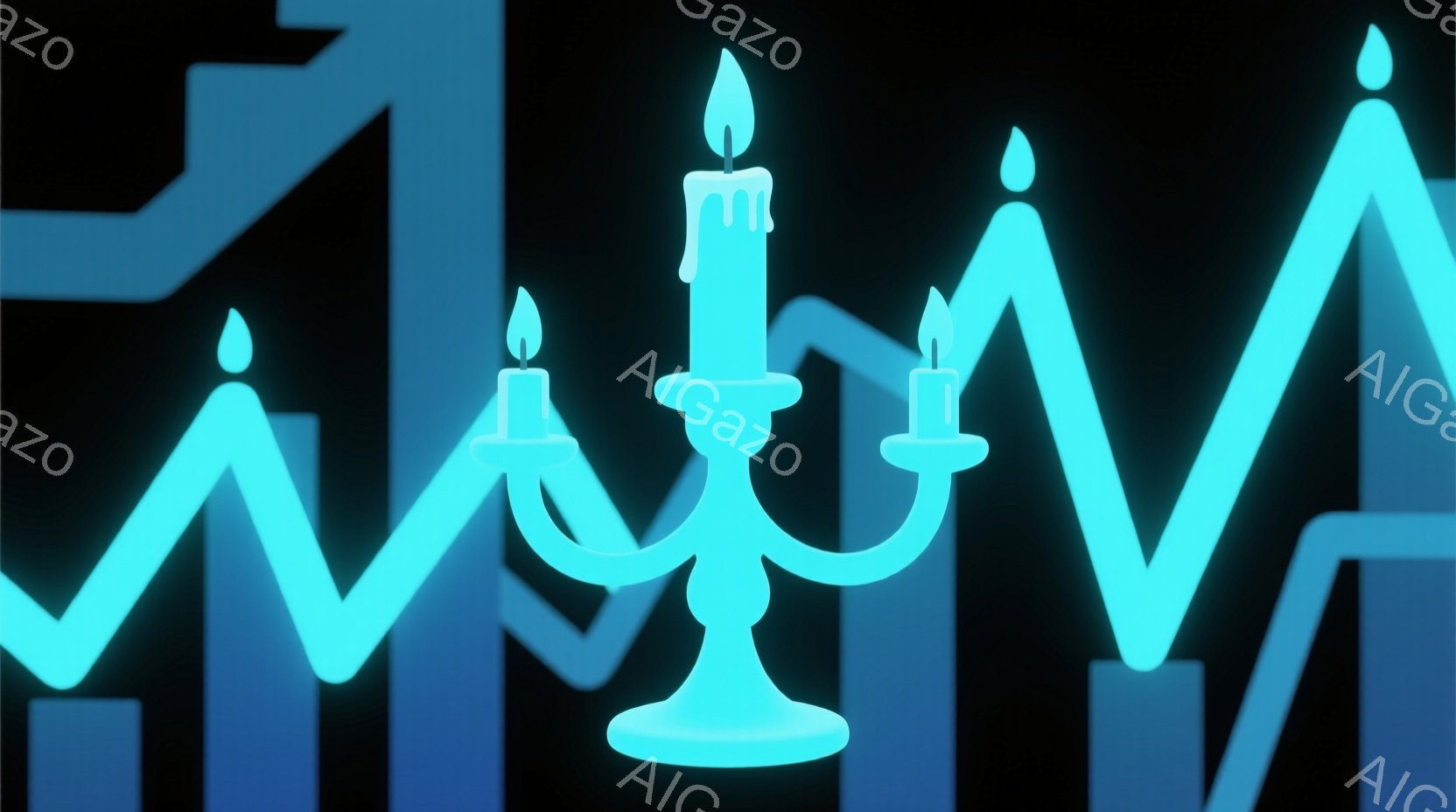 鮮やかな青色の背景に、シャンデリアのような燭台が配置されています。燭台には三本のロウソクが灯っており、それぞれが明るく輝いています。背景には、グラフのような波線が描かれており、全体的に未来的で抽象的な雰囲気を醸し出しています。