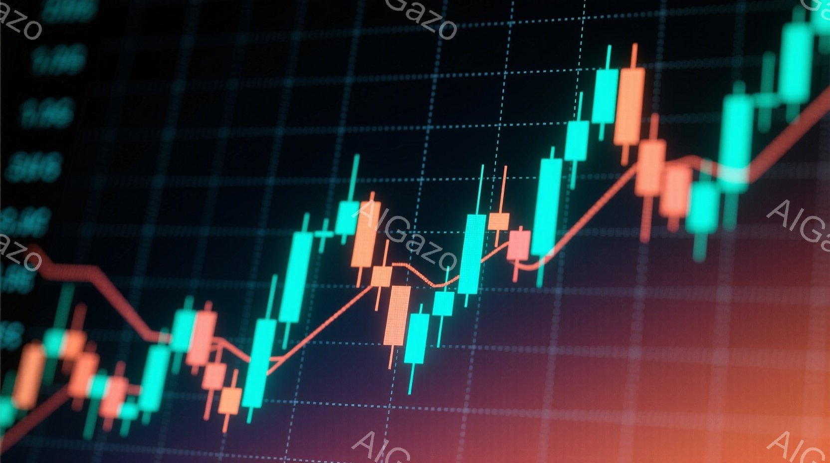 この画像は、金融市場のチャートを表しており、緑とオレンジのろうそく足のパターンが格子状の背景に表示されています。チャートは全体的に上昇傾向を示しており、価格変動のダイナミックな動きを視覚的に表現してい - AI生成フリー素材