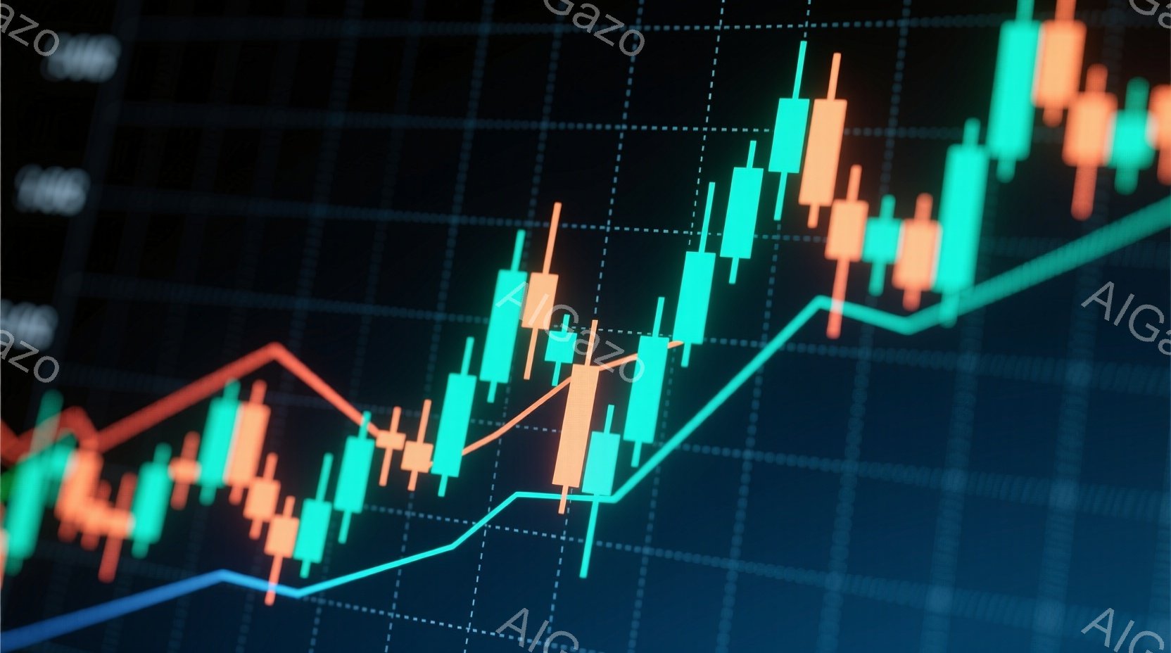鮮やかな緑とオレンジ色のロウソク足チャートが、黒い背景に広がり、金融市場の変動を示唆しています。青い線とオレンジ色の線がチャートの上を横切り、それぞれのトレンドを強調しています。全体的に、上昇と下降を - AI生成フリー素材