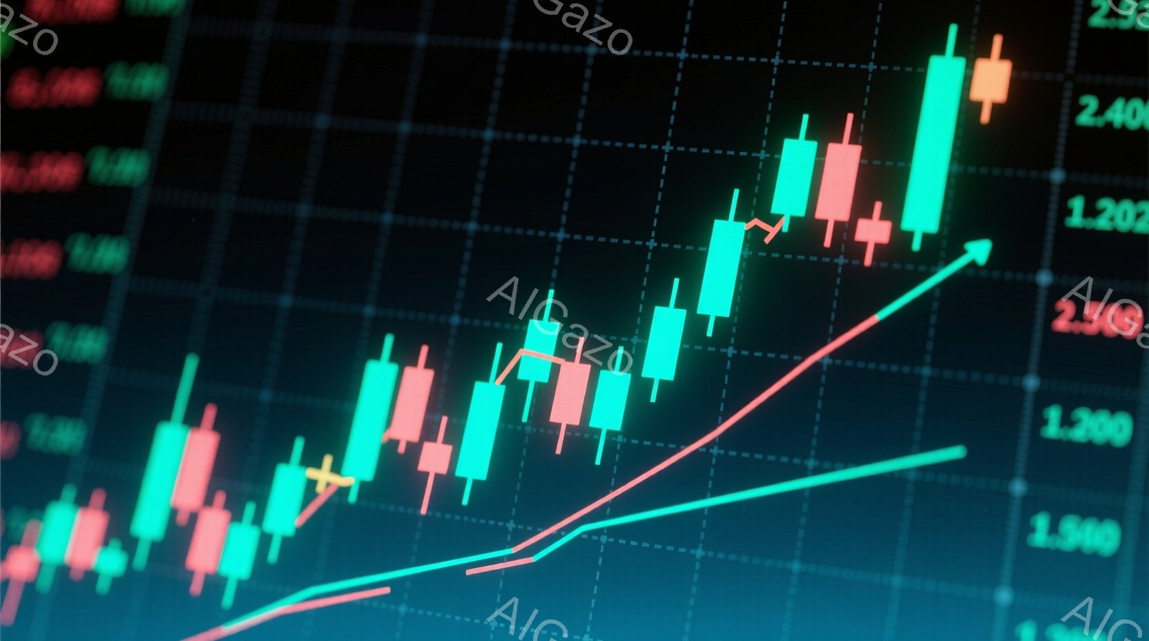 この画像は、緑とピンクのキャンドルスティックチャートが描かれた金融市場のグラフを示しています。赤い線がチャートの下部を横切って上昇傾向を示し、緑色のキャンドルがピンク色のキャンドルよりも多く、全体的に強気相場を示唆しています。背景は暗く、チャートの数字がわずかに表示されており、全体として金融データの分析と市場動向の視覚化を目的としたものです。