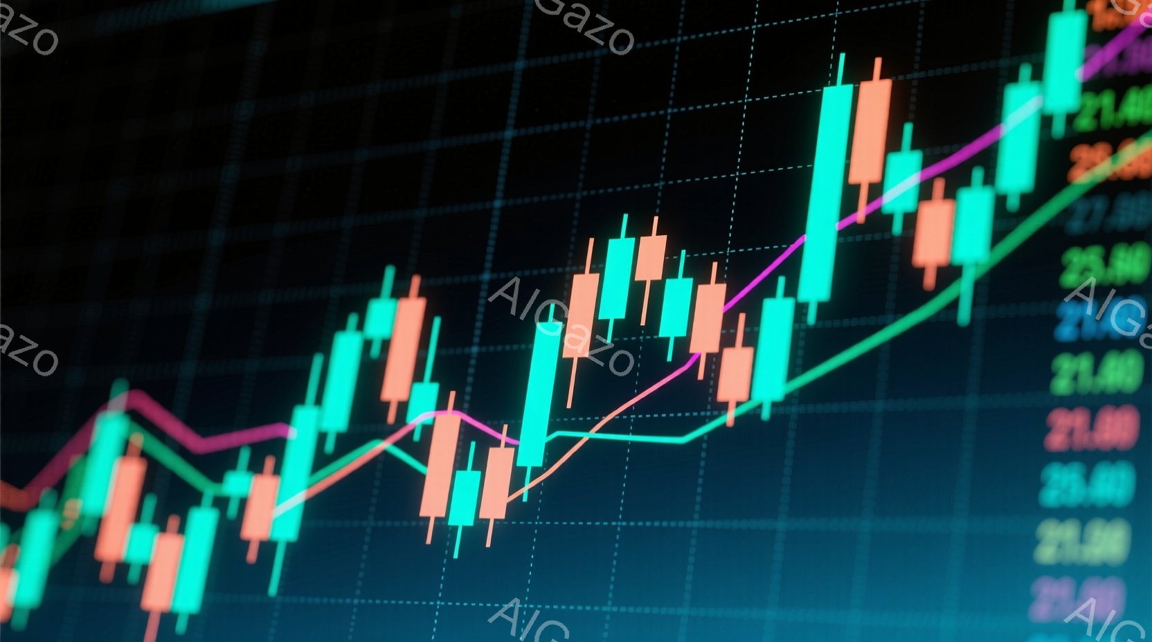 鮮やかな緑とピンクのキャンドルスティックチャートが、青色のグリッド背景に表示されています。チャートは、上昇と下降を繰り返す株価や為替レートなどの金融データを視覚的に表現しており、ピンク色の線がトレンド - AI生成フリー素材