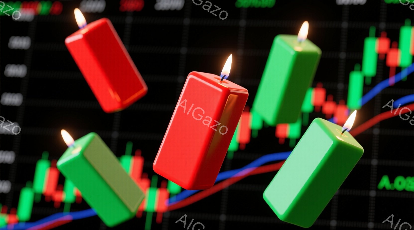 鮮やかな緑と赤のキャンドルが、金融チャートの背景に浮かんでいます。キャンドルは傾いた状態で燃えており、チャートの線は上昇と下降を示しています。全体的に、金融市場の変動とエネルギー、あるいは投資の不安定さを表しているような雰囲気です。