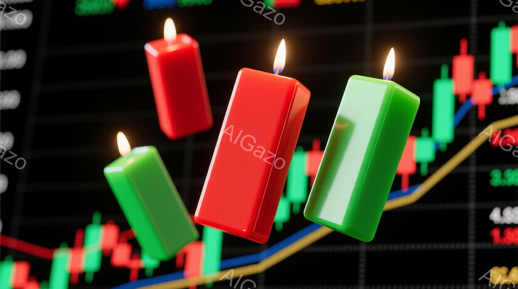 鮮やかな緑と赤のロウソクが、金融チャートを背景に空中に浮いています。チャートは上昇傾向の線と、価格変動を示す緑と赤の棒で構成されており、金融市場のダイナミックな動きを表現しています。 全体的に、投資や経済状況を視覚的に表現した、モダンでカラフルなイメージです。