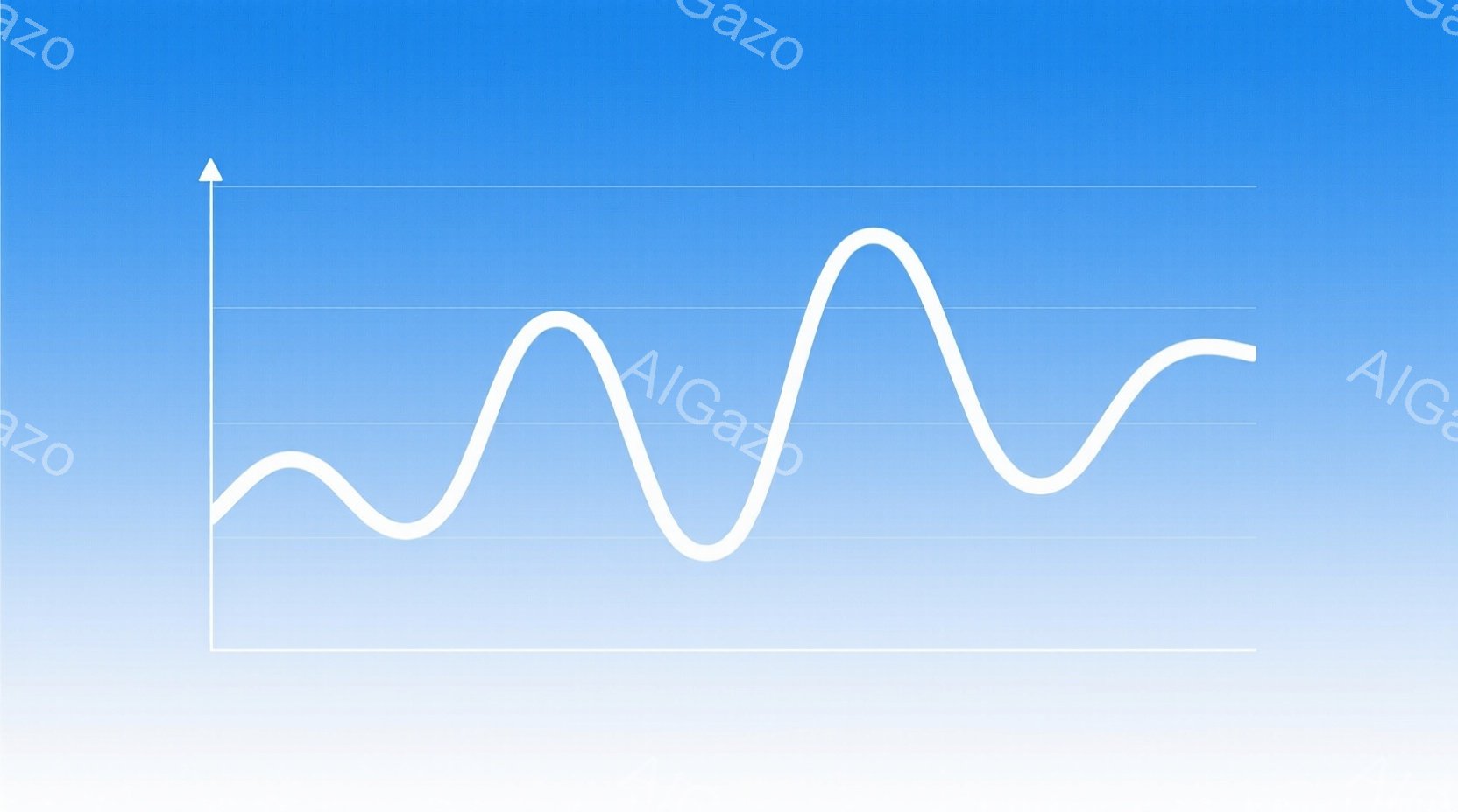 鮮やかな青色のグラデーションを背景に、白い曲線が描かれています。曲線は波のような形をしており、上下にリズミカルに揺れています。全体的にシンプルで、動きのある抽象的な印象を与えます。