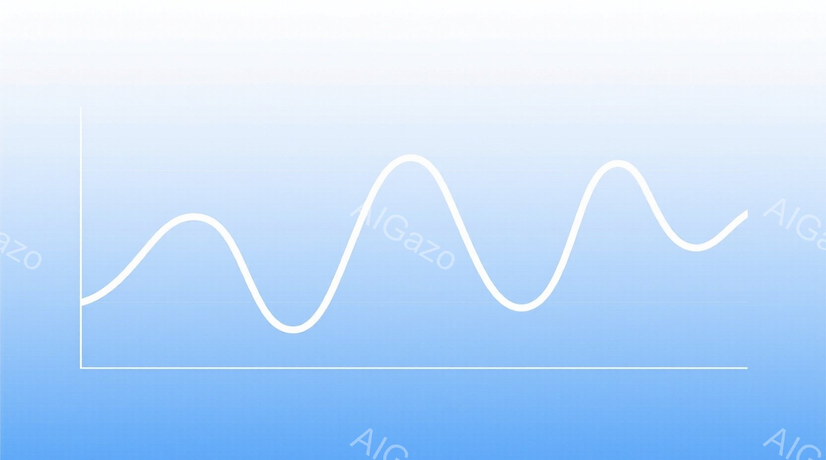 画像は、水平線上に描かれた、波のような白い曲線で構成されています。背景は、上から下に向かって色が薄くなる、青と白のグラデーションで、全体的に穏やかで抽象的な印象を与えます。曲線は規則的な波形を描き、視 - AI生成フリー素材