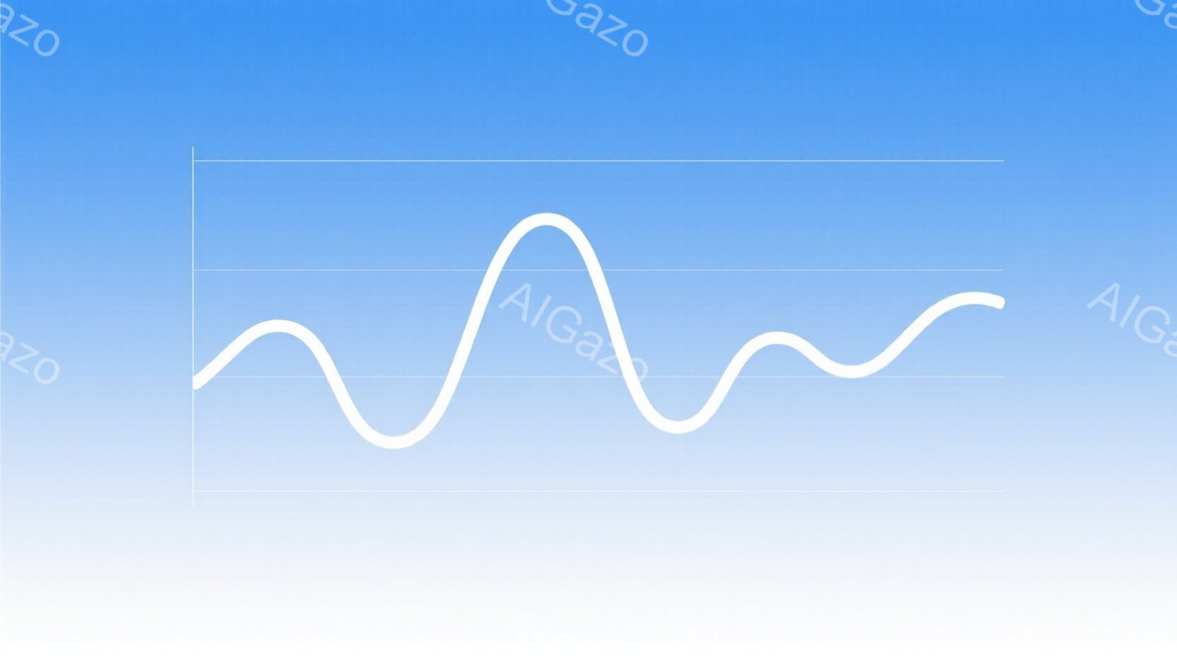この画像は、グラデーションのかかった青い背景に、白い曲線が描かれています。曲線は左右に波打っており、まるで音波や信号のような印象を与えます。全体的にシンプルで、抽象的な雰囲気です。