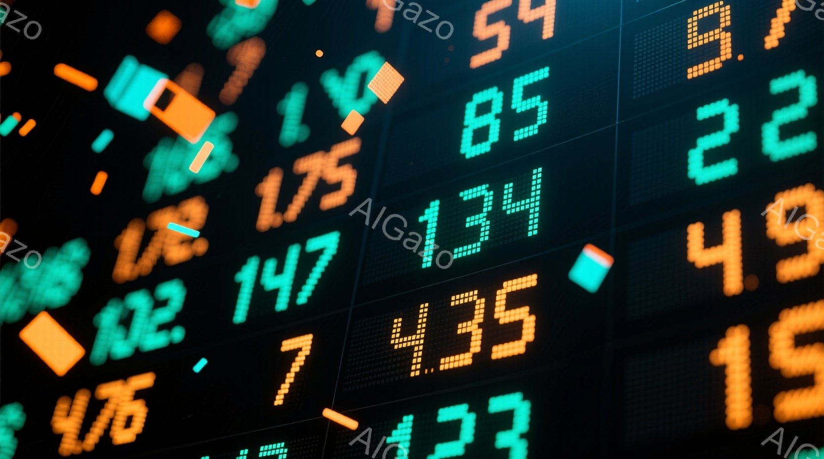 この画像は、様々な数字と下降矢印が散りばめられたデジタルディスプレイのクローズアップです。緑、白、オレンジ色の数字が暗い背景に浮かび上がり、金融市場やデータストリームのような印象を与えます。全体的に、 - AI生成フリー素材