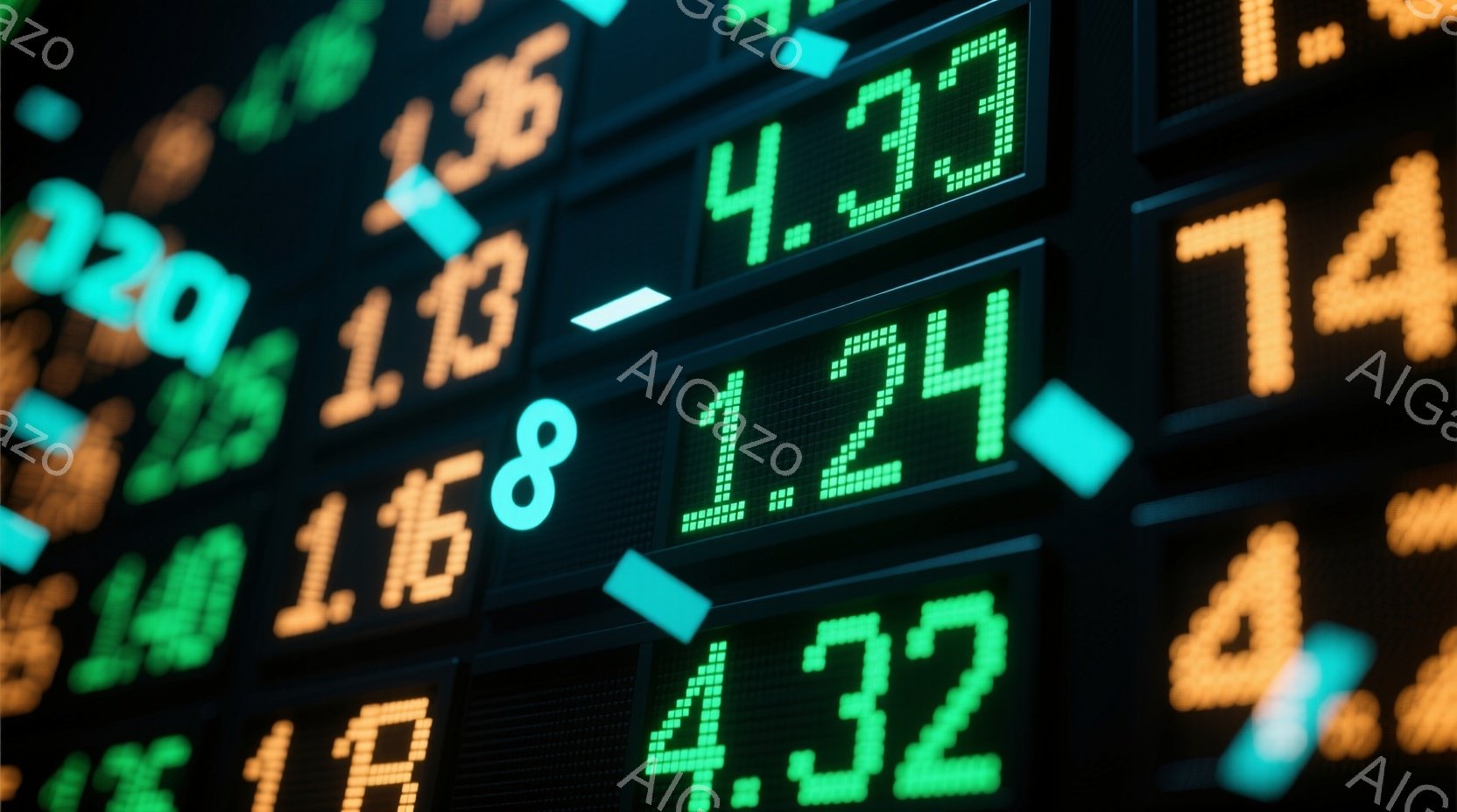 この画像は、緑色の背景に数字が点滅する金融市場のディスプレイのクローズアップです。数字は様々な値を示しており、金融データや株価の変動を表しているようです。全体的に、活気があり、情報過多な雰囲気で、市場の動きを視覚的に表現しています。