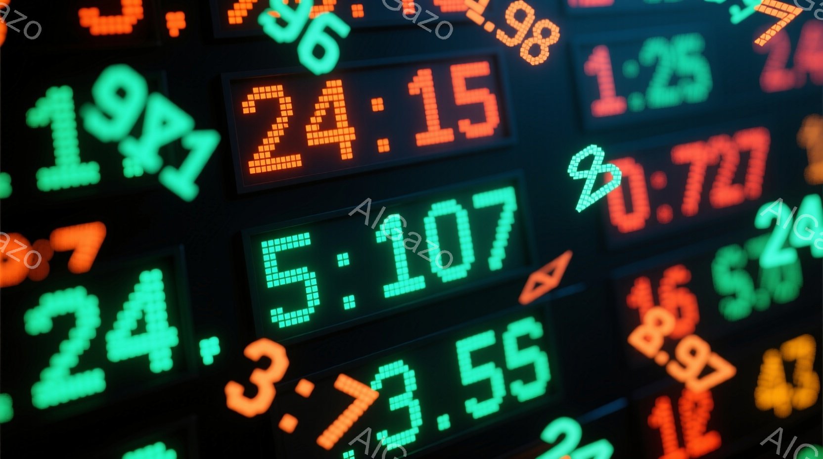 画面全体が、緑とオレンジ色の数字で埋め尽くされています。数字は様々な長さと形式で表示され、まるで金融市場のデータストリームのようです。背景は黒で、数字が鮮やかに際立っており、緊迫感とダイナミックな雰囲気を醸し出しています。